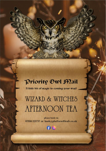Promotional poster for a 'Wizard & Witches Afternoon Tea' with an owl on a scroll.